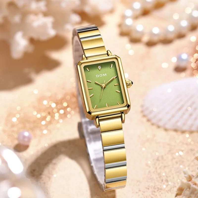 DOM 1760 우아한 숙녀 쿼츠 시계 간단한 패션 직사각형 다이얼 방수 스테인레스 스틸 스트랩 캐주얼 여성용 시계