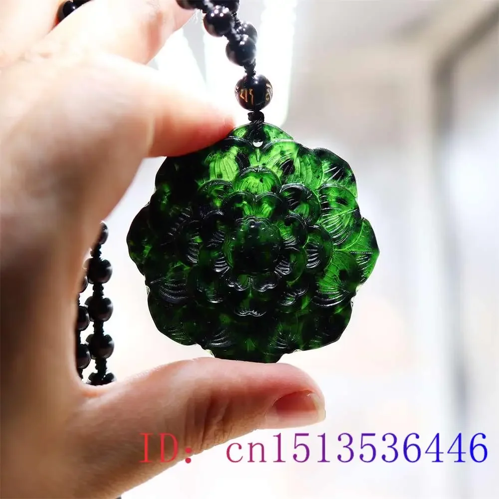 Black Green Jade Lotus Pendant Necklace Charms Fashion Talismans Natural Jewelry Amulets Carved Pendants Vintage Man Necklaces