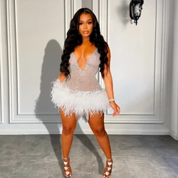 New Arrival V-neck Sleeveless Women Cocktail Gowns Sparkly Luxury Beaded White Feather Black Girls Short Prom Dresses 2026