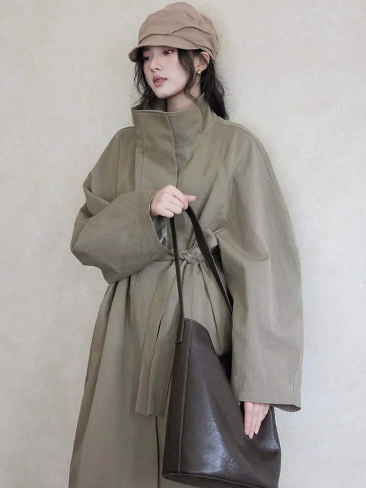 ZMEENNA Anmutiger Khaki-Trenchcoat mit hohem Kragen und Gürtel für Damen, schick, langärmelig, lockere Passform, Oberbekleidung, perfekt lässig, ZM3573