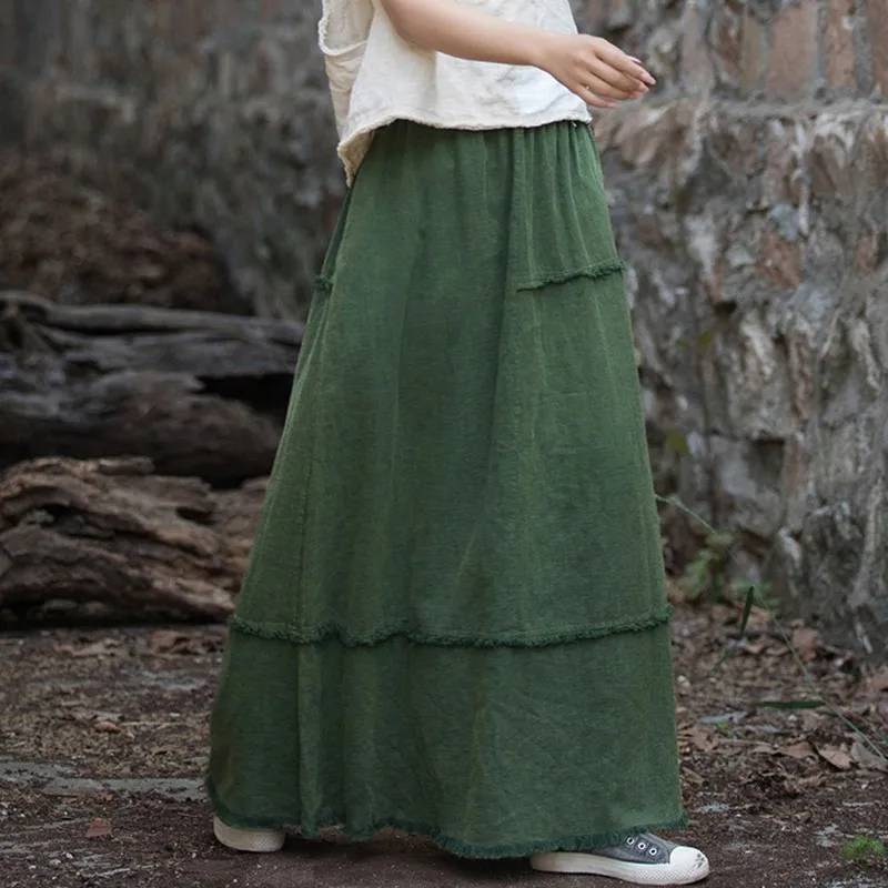 

Women New 2025 Autumn Vintage Style Solid Color Loose Female Casual A-line Skirt M192 High Waist Cotton Linen Long Skirts