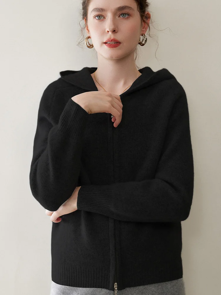 TLOML Nowy Damski Sweter z Kaszmiru 100%, Rozpinany na Zamek z Kapturem, Dzianina Kaszmirowa, Jesień Zima, Miękki, Ciepły, Wysoka Jakość, Gruby Płaszcz