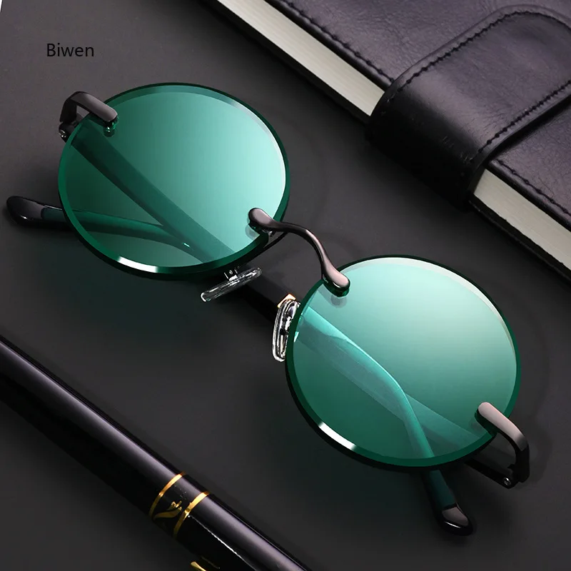 Green Crystal Stone Sunglasses Man Fashion Round Rimless Glass Sun Glasses Woman Mineral Lens Retro Quality gafas de sol hombre