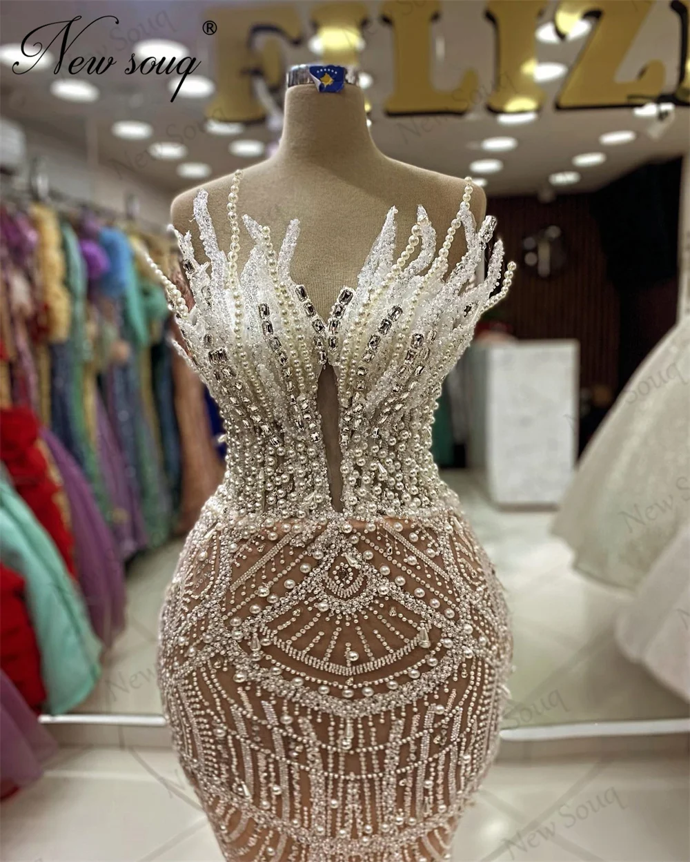 Sparkly Dubai Beading Prom Dresses Haute Coutures Pearls Celebrity Dress Performance Party Dance Gowns Mermaid Evening Dress