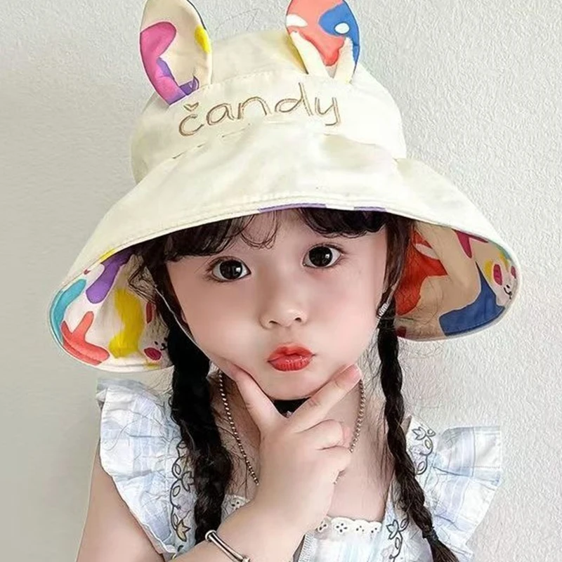 

Children's Sunscreen Hat Summer Boys Girls Large Eaves Double-sided Empty Top Hat Cute Rabbit Sun Shade Hat