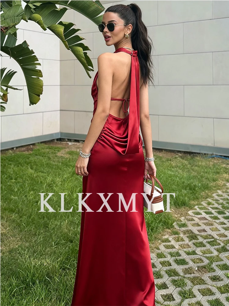 Frauen Sexy Elegante Satin Halter Langes Kleid 2025, Sommer Neue Mode Ärmellose Backless Falten Kleider Frauen Abend Party Kleid