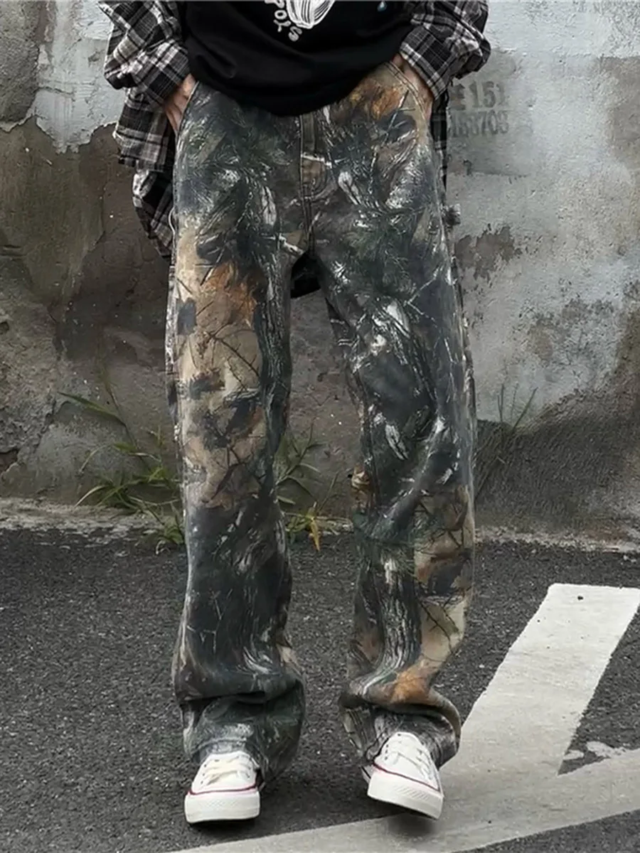 Street Hip Hop Camouflage Loose Casual Workwear Jeans Cool Handsome Branch Pattern Vintage High Street Fashion Trousers