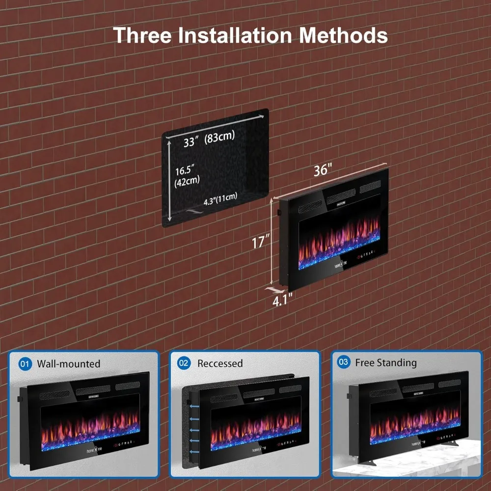 36인치 벽걸이형 및 매립형 전기 벽난로 히터, 750/1500W, 조절 가능한 불꽃, 독립형 옵션
