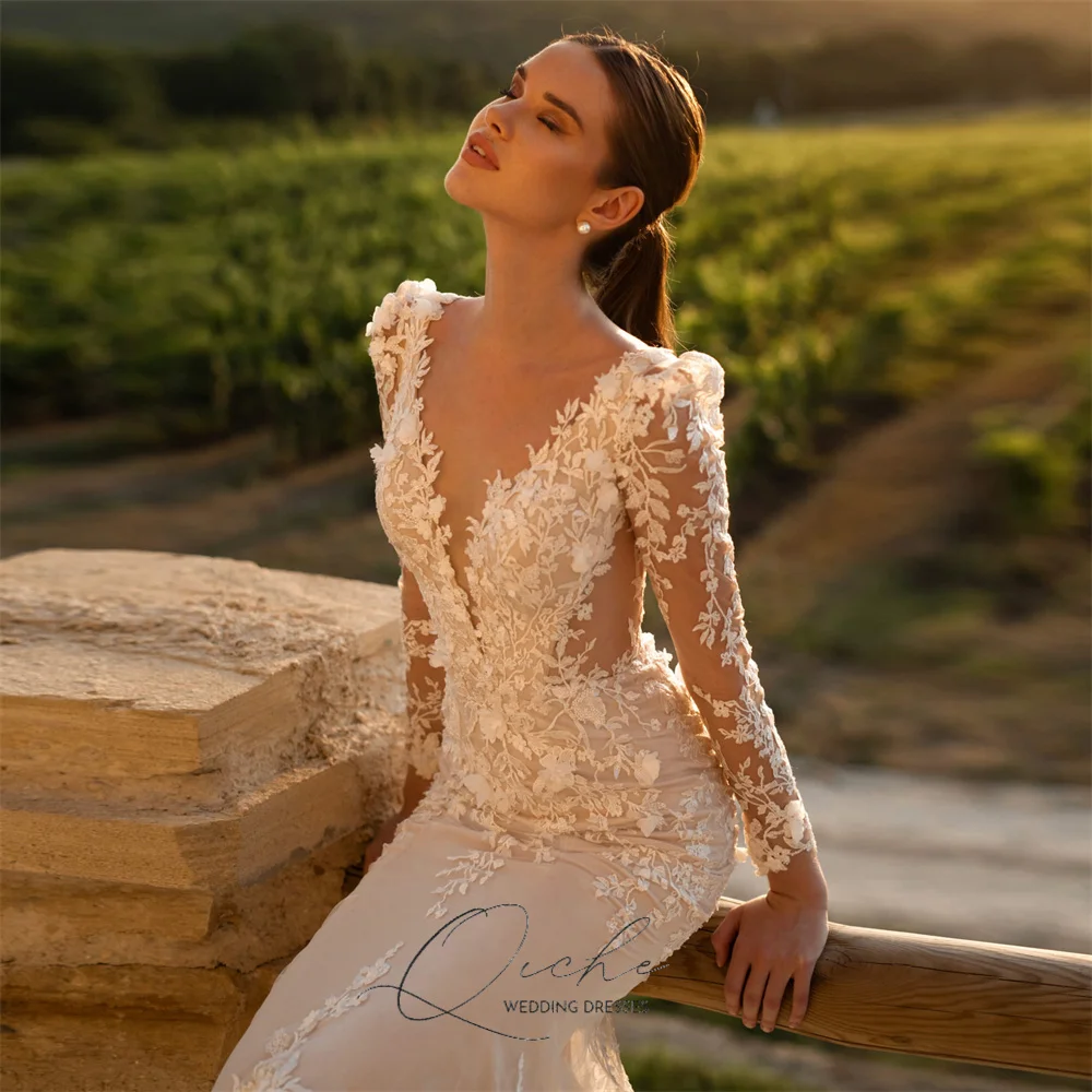 QICHE فساتين زفاف رائعة من الدانتيل بأكمام طويلة حورية البحر للنساء بأزرار على شكل حرف v الوهم الخلفي مزينة رداء De Mariée حسب الطلب