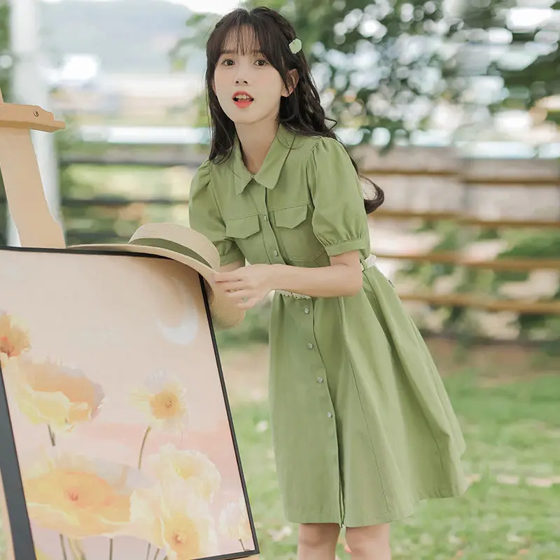 

Small and Fresh Short-sleeved Dress for Women in Summer New Japanese Shirt Skirt Gentle Waist-hugging Skirt