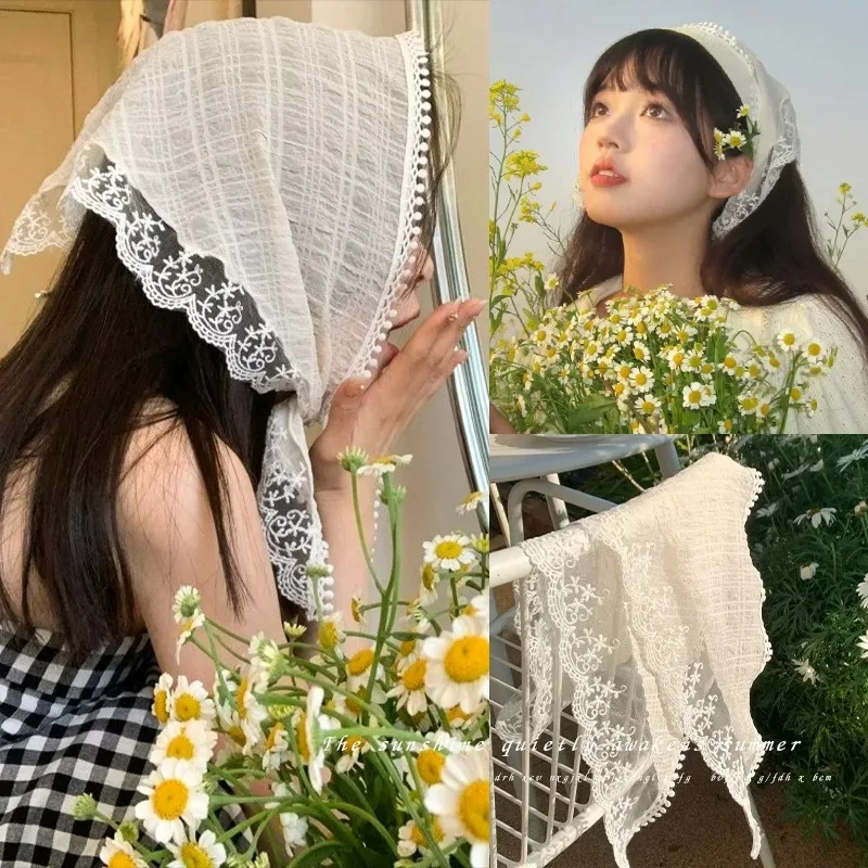 Elegant Triangular Headscarf for Women Summer Korean Fashion 2026 New Retro Knitted Hollow Simple All-match Headscarf
