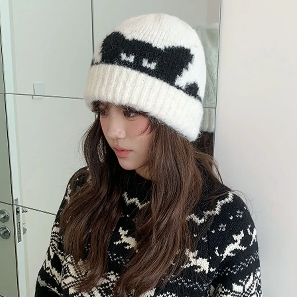 Polyester Warm Knitted Beanie Hat Thick Warm Design Cat Pattern Winter Beanie Hat Korean Style 56cm-59cm Circumference