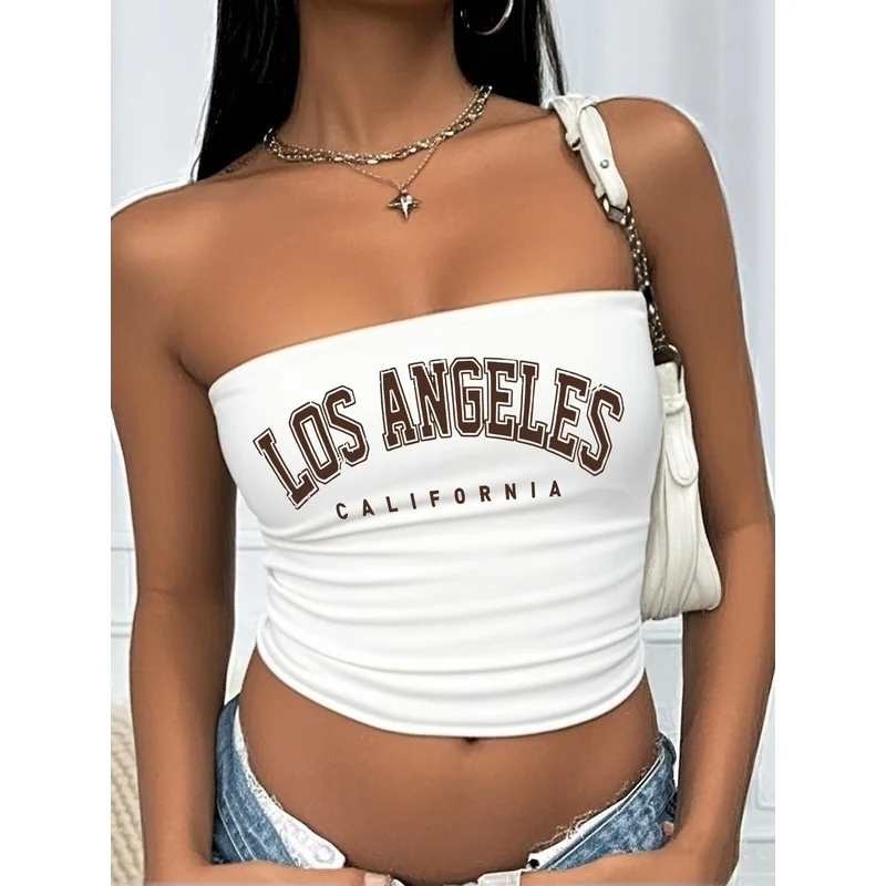 Los Angeles California Vintage Letter Print Tube Top Women Y2K College Style Strapless White Cropped Bandeau Top