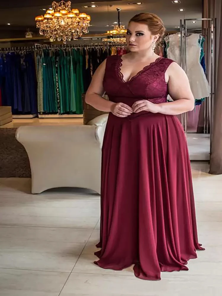 Splendidi Abiti Da Sera in pizzo taglie forti bordeaux scollo A v una linea Abiti Da ballo economici lunghezza del pavimento abito formale in Chiffon Abiti Da Sera