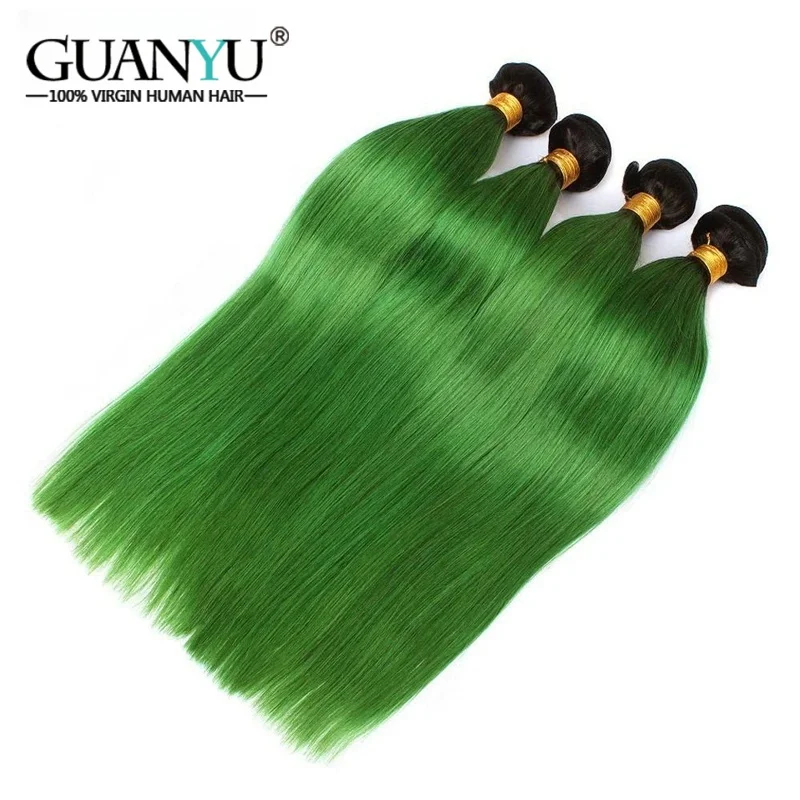 1B/Green Straight Ombre Colored Human Hair Bundles 100% Human Hair Extensions 3/4 Bundle Deals Human Hair Weaves