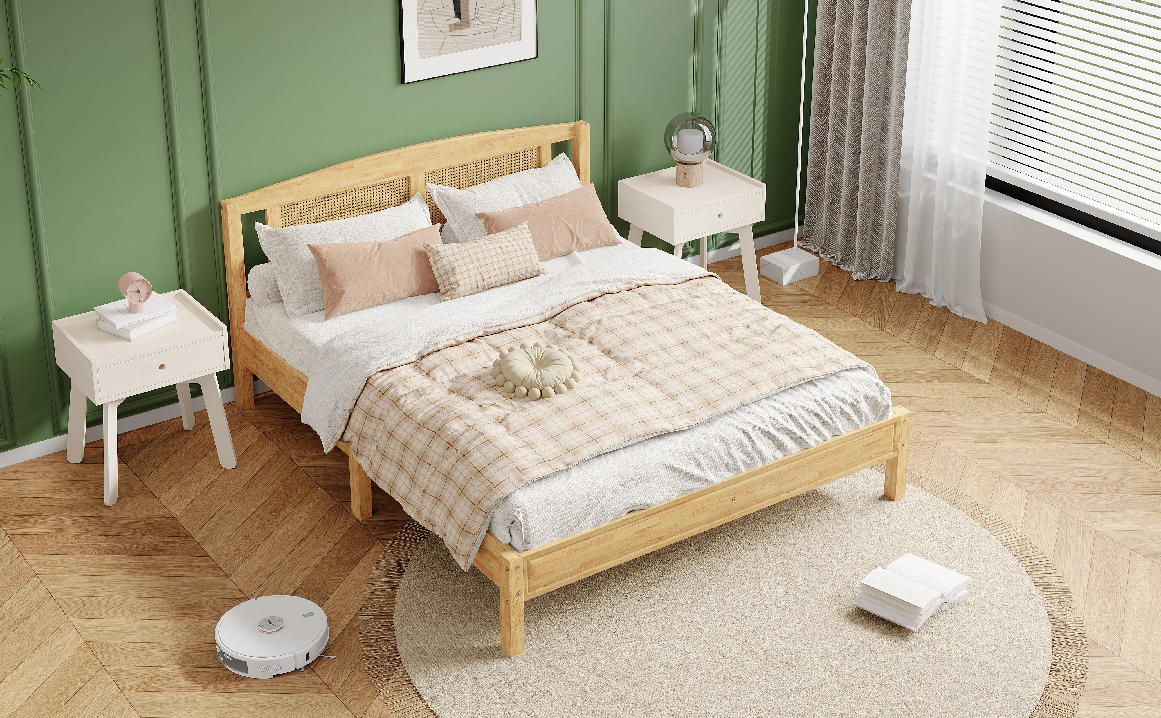 PINGGO Naturrattan-Doppelbett 160x200cm Kiefernholz PE-Rattan 15 Latten Mittelstützfüße Rattan-Netzkissen Ohne Matratze – Detail 2