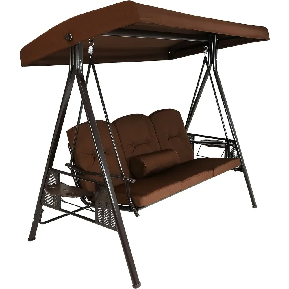 

3-Person Steel Patio Swing Bench with Adjustable Tilt Canopy - Cushions and Pillow Included - Brown