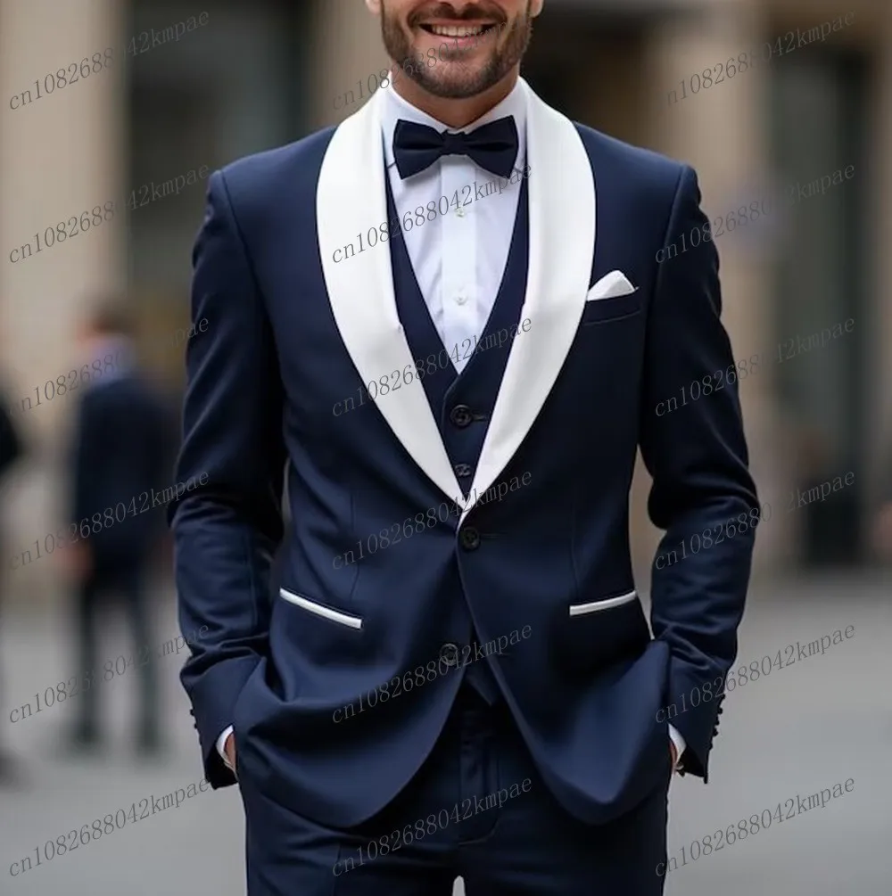 

White Collar Navy Blue Formal Men Suit Groom Groomsman Wedding Party Prom Business Male Tuxedos 3 Piece Set Blazer Vest Pants