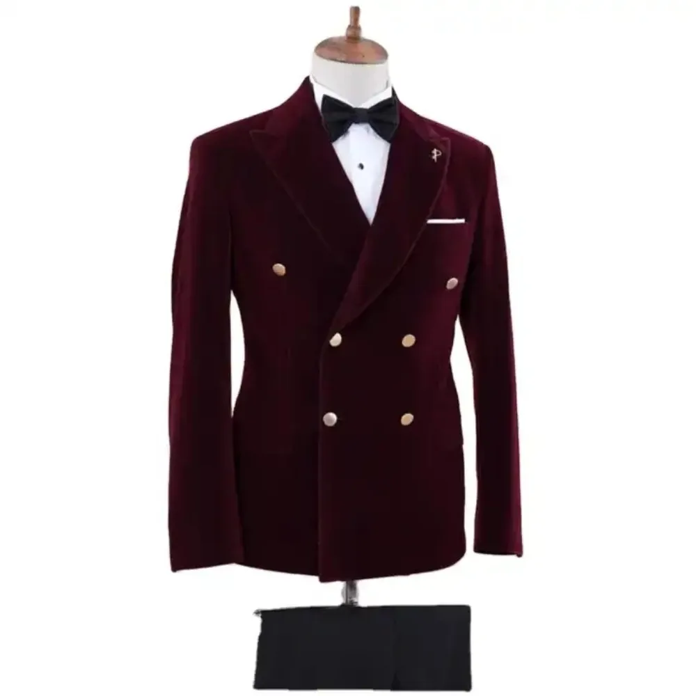 

Tailored Costume Homme Burgundy Velvet Blazer Black Trouser Double Breasted Men Suits 2 Pcs Wedding Clothing Party Wear Outfit