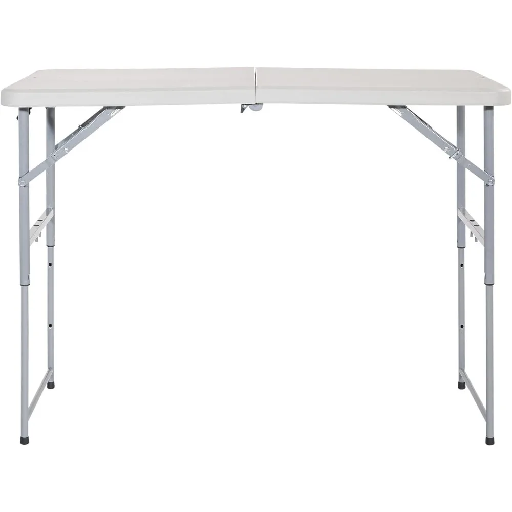 Mesa rectangular multiusos de resina, 4 pies de largo, altura ajustable, mesa plegable central, gris claro