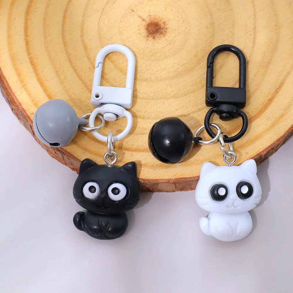 Cute Cartoon Black and White Cat Keychain with Bell Versatile Headphone Case for Girls Bag Pendant, Children's Best Friend Gift