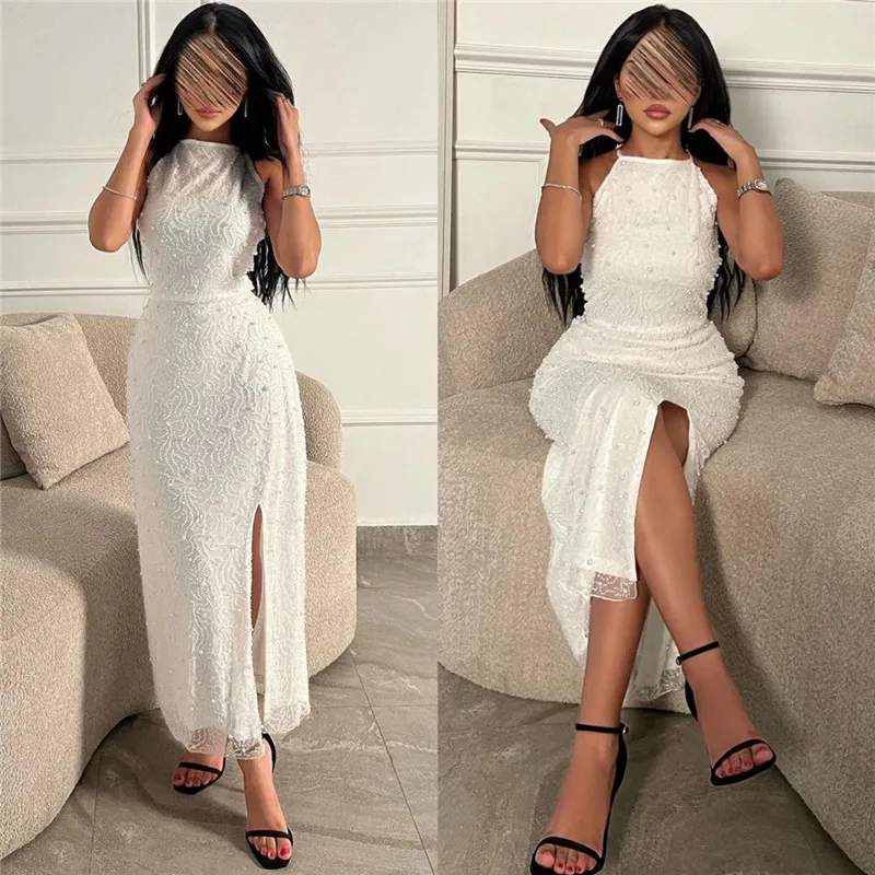 Aleeshuo-Vestido de noche largo con abertura lateral para mujer, traje Sexy de sirena con cuentas de cristal, plisado, Halter, sin mangas, para fiesta