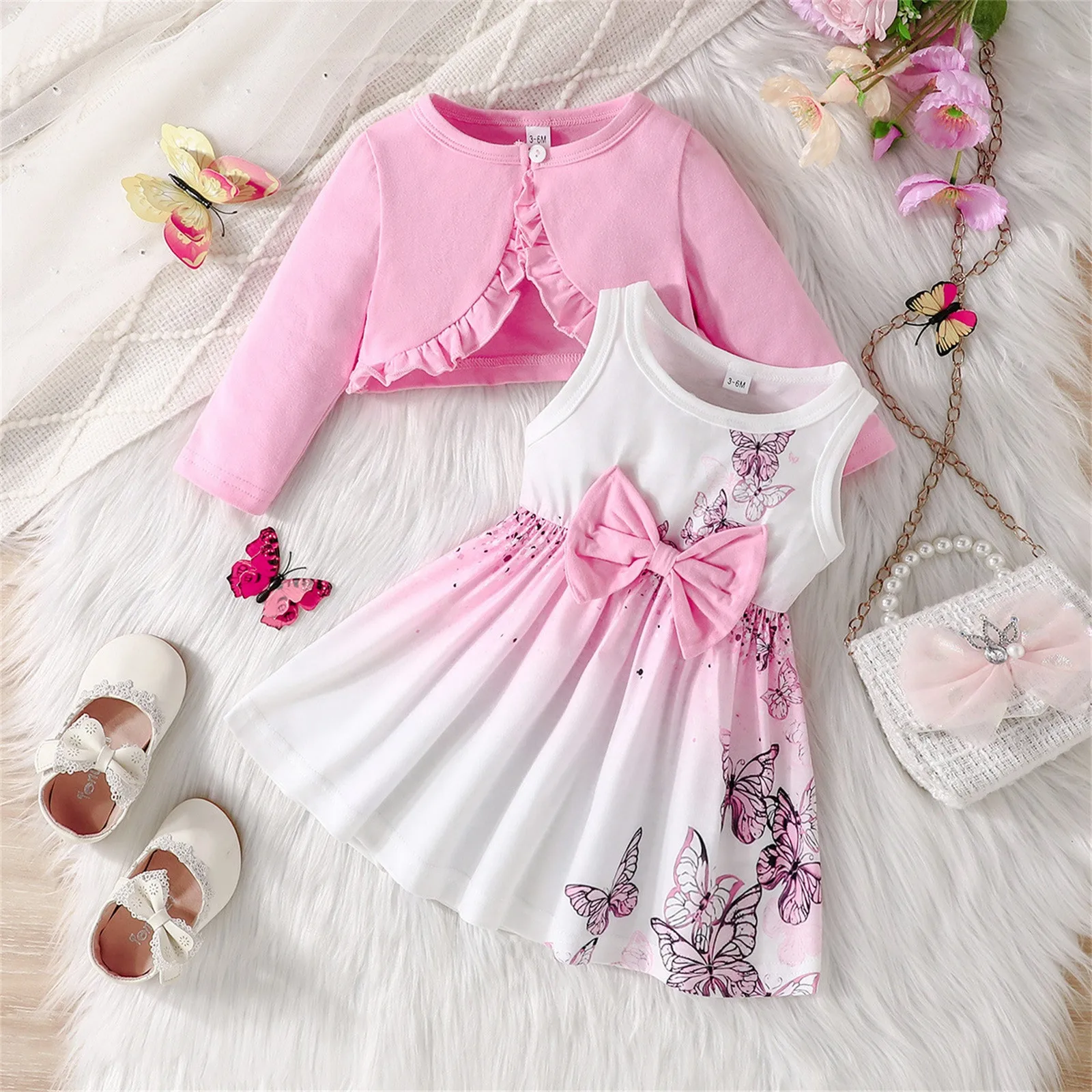 Spring Autumn Toddler Girls Clothes Sets Butterfly Print Sleeveless Vest Dress + Solid Color Pink Long Sleeve Coat Two Piece Set