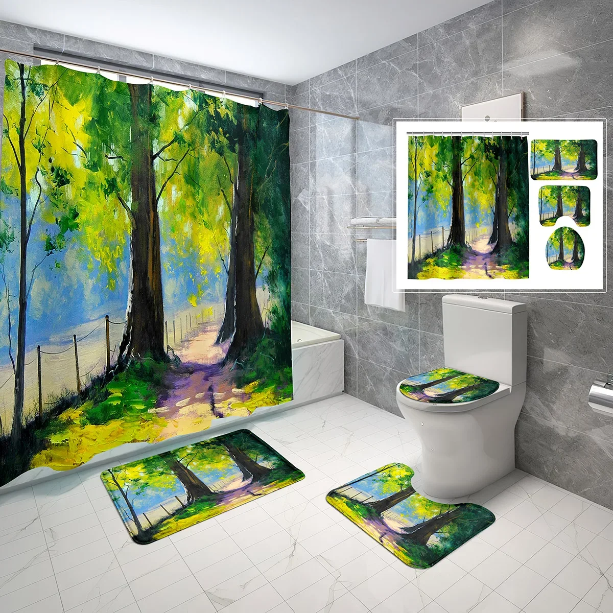 4 PCS Oil Painting Tree Shower Curtain Set,Fantasy Art Plant Bathroom Waterproof Bath Curtain,Non-Slip Bath Mat Toilet Cover Set