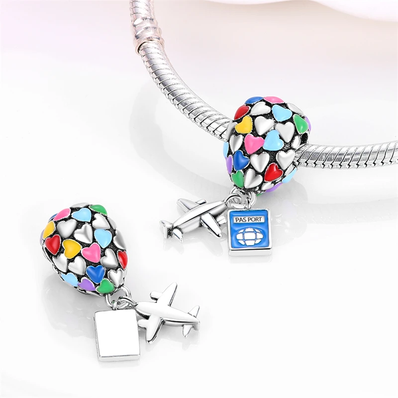 Original 925 Sterling Silver Charm Beads Hot Air Balloon Luggage Chameleon Charms Pendant For Women DIY Birthday Jewelry Gifts image 2
