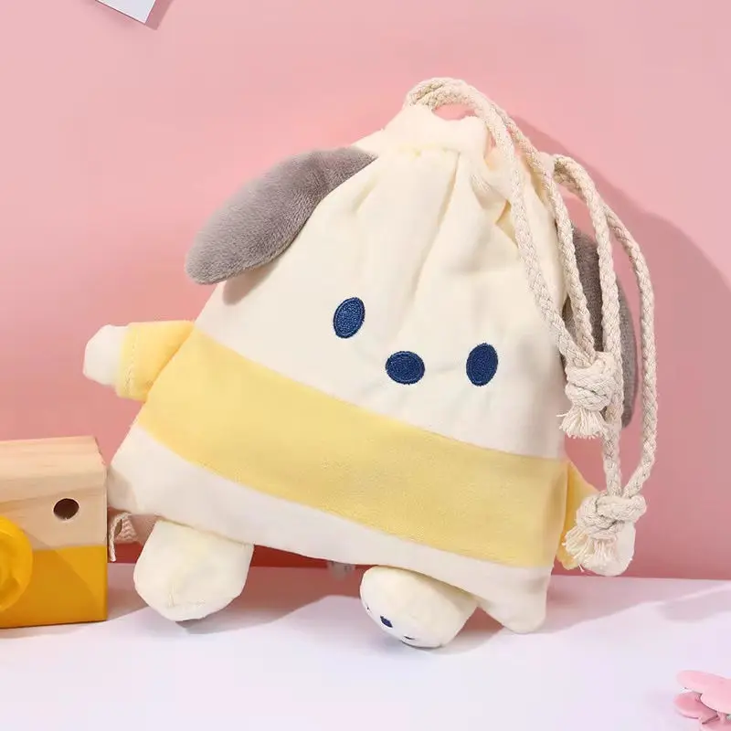 Olá Kitty Minha Melody Pochacco Bag, Cute Girly Coração Plush Drawstring Storage, Coin Purse, Pequeno Saco de Maquiagem Portátil