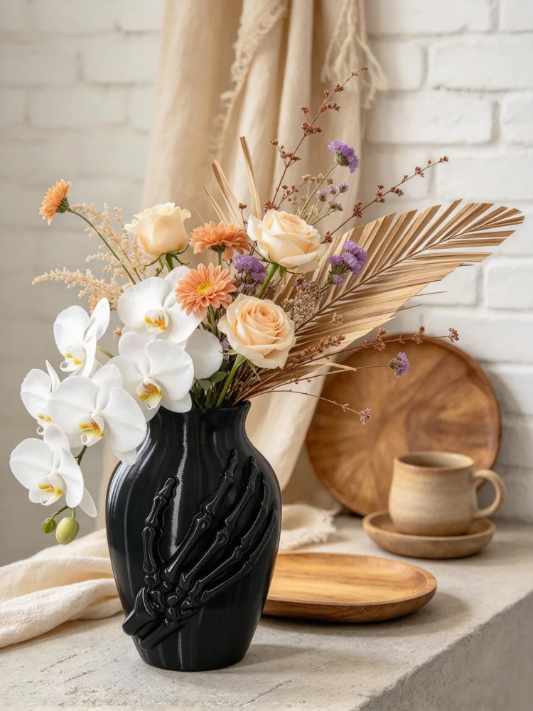 3D Printed One-Piece Skeleton Hand Petg Vase, Black Three-Dimensional Skeleton Hand Relief, Layered 3D Printed Texture, Smooth and Exquisite Material Surface, Oval Opening, Classic Vase Shape, Gothic Dark Luxury Aesthetics, Elegant and Modern, Avant-Garde Spooky Decoration for Halloween, 15cm Small Flower Container, Suitable for Holding Dried Reed Flowers and Fresh Flowers, Lightweight and Shatterproof, for Living Room, Bedroom, Bathroom, Office, Desktop, Dining Table