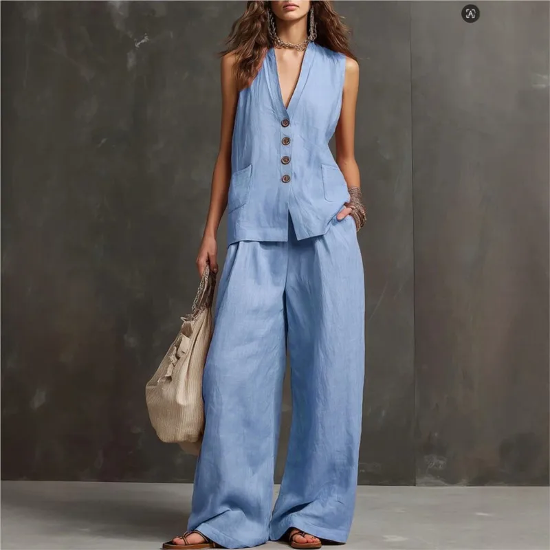 

Summer New Women's Casual Linen 2 Piece Fashion Sleeveless V Neck Button Up Tank Top And Wide Leg Pants Set
