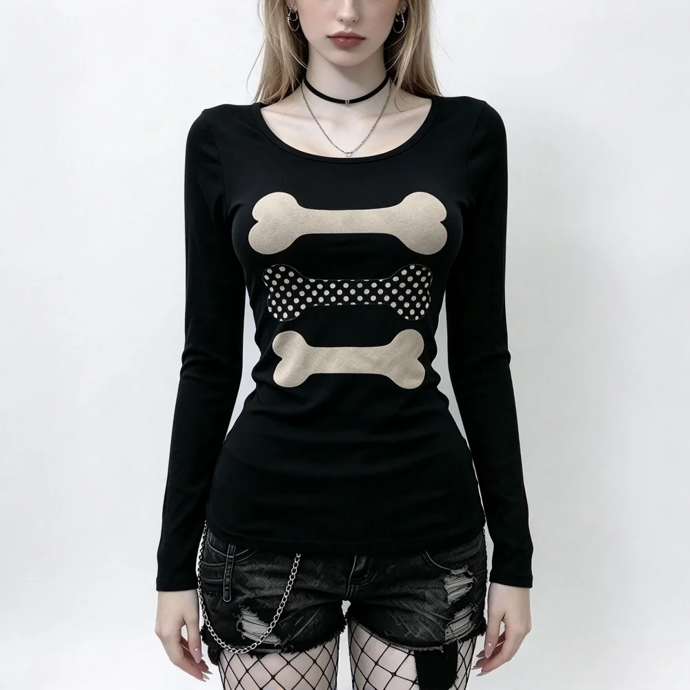 New Cute Bone-patterned Fashionable Printed Fitted Long-sleeved Simple Round-neck T-shirt, Suitable for Both Men and Women