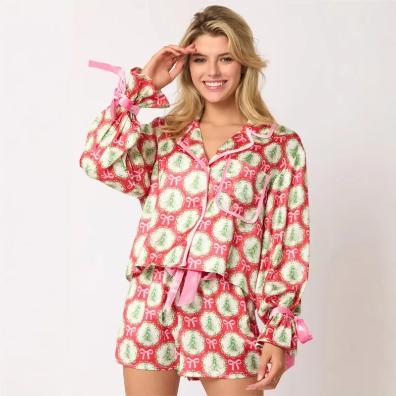 

Пижама Санта-Клауса, бархатный комплект с бантом, осень-зима 2022, новая модная свободная рубашка с длинными рукавами с принтом + повседневные шорты, комплект для домашней вечеринки