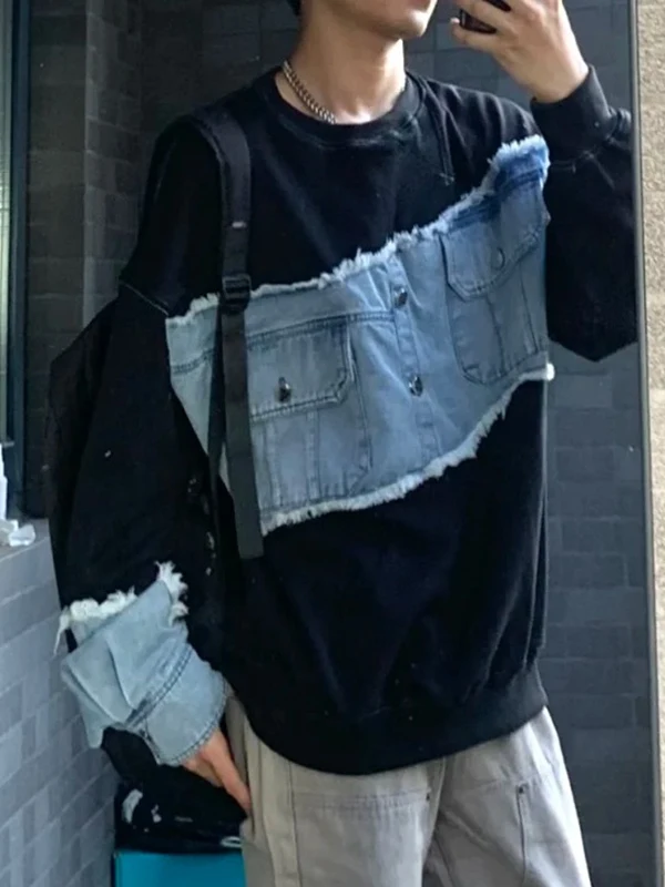 

Подростковая толстовка с круглым вырезом для мальчиков, с джинсовыми вставками, имитация двухслойности, осенняя, в американском уличном стиле, крутая куртка