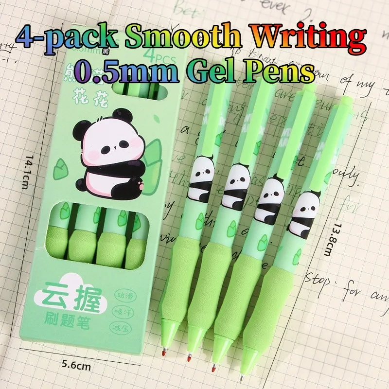 4-pack Smooth Writing 0.5mm Gel Pens for Students Panda Soft Grip Design, Exam Study Set, Bulk School Supplies & Reward Gifts