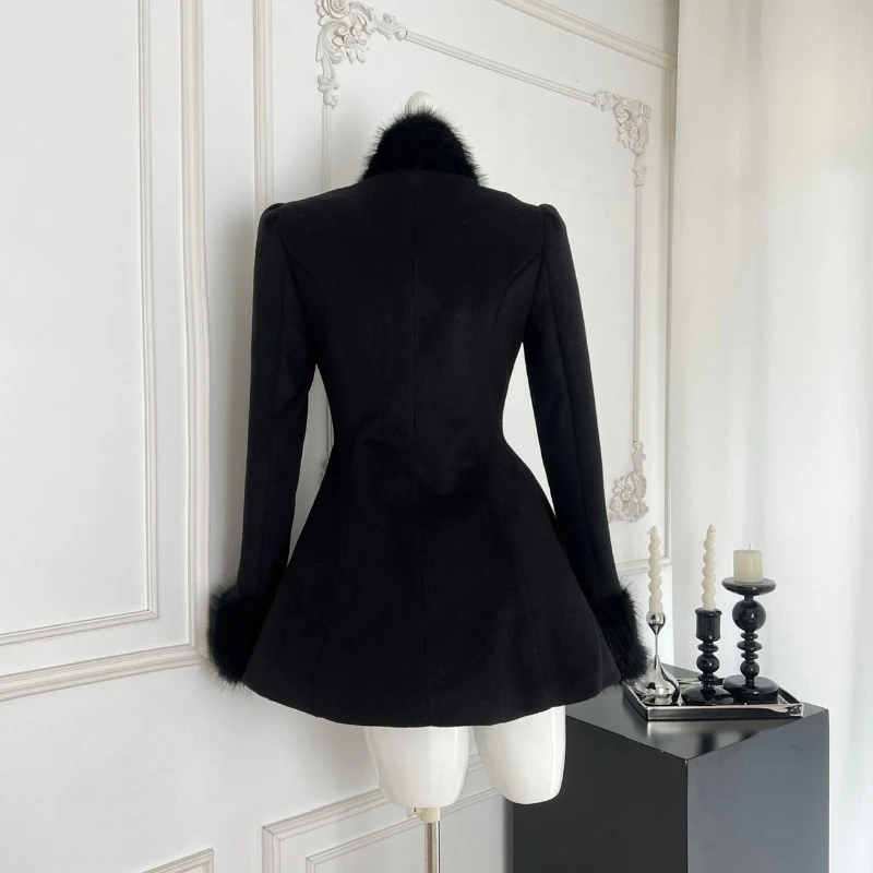 Winter Korean Popular French Elegant Women's Dress Chic Warm Fur Collar Slimming Design Office Lady Vintage Woman Clothes Outfit