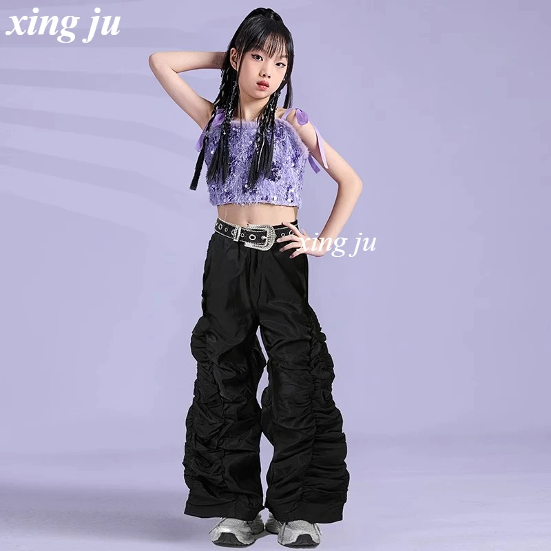 Girls Jazz Dance Outfit Sweet Purple Sling Tops Black Pants Hip Hop Costume Kids Street Performance Clothes Childrens Stage Wear