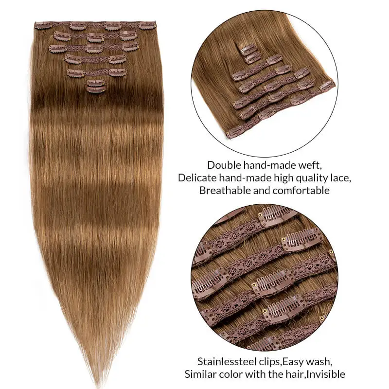 Extensiones de cabello humano con Clip de encaje, Clips rectos para cabeza completa, Color marrón, 100% Remy, 7 unidades por juego