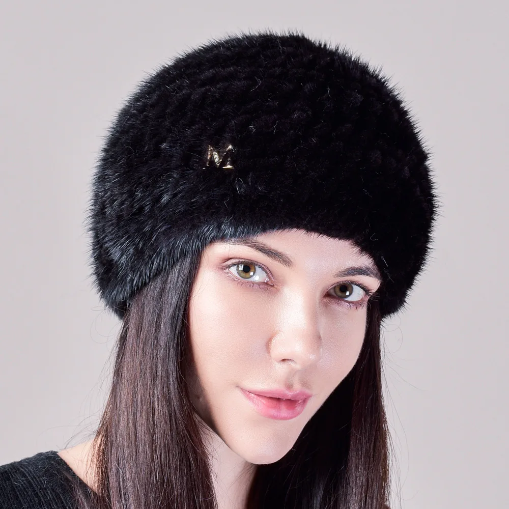 New Winter Double-Sided Mink Woven Hat Warm Russian Stretch Retro  Fashion All-Match Melon Form Small Round Hat Size Adjustment