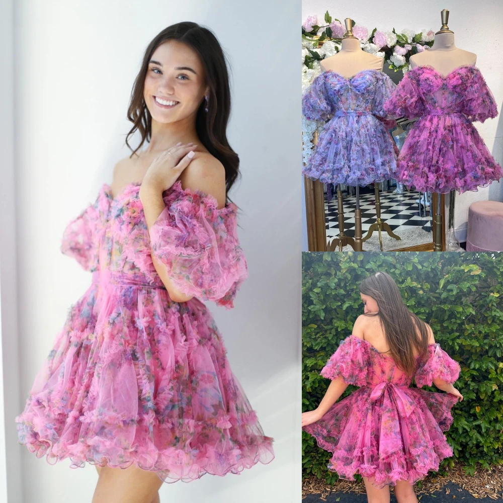 Print Floral Homecoming Dress 2k25 Hoco Ruffed Ballon Sleeves Corset Drama Graduation Cocktail Party Wedding Guest Holiday Gala