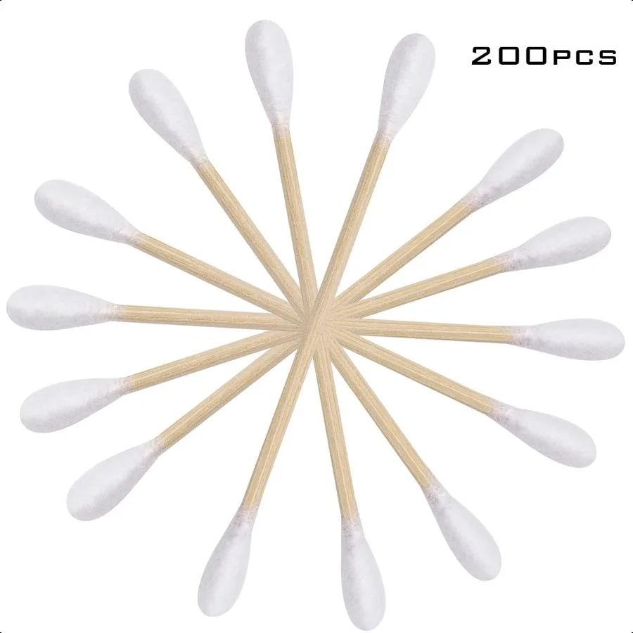 Organic Cotton Swabs with Wooden Sticks 200 Pcs of Pack qtips Cotton Swabs Pure Natural Bamboo Biodegradable Double Round Tippe