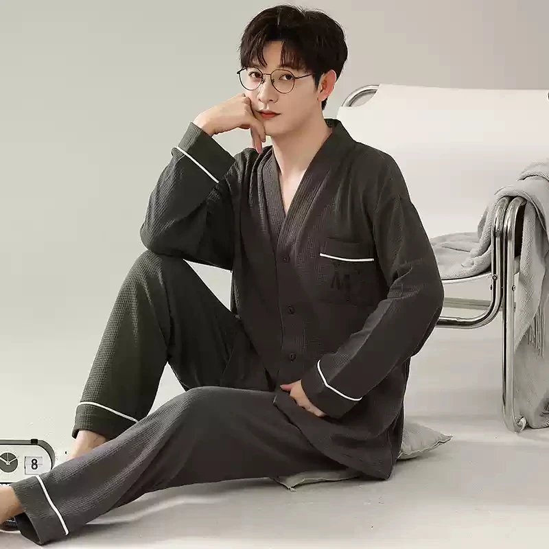Japan Kimono Cotton Home Clothes for Men Spring and Autumn Long Sleeves Sleeping Top Pant Nightwear Young Boy 4XL 5XL Sleepwear