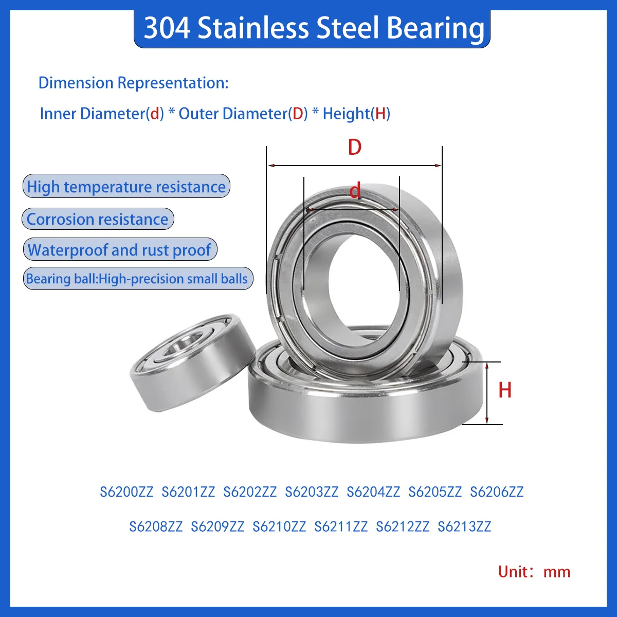 304 Stainless Steel Bearing Corrosion-Resistant Deep Groove Ball Bearing S6200 6201 6202 6203 6204 6205-6213 2Z ZZ