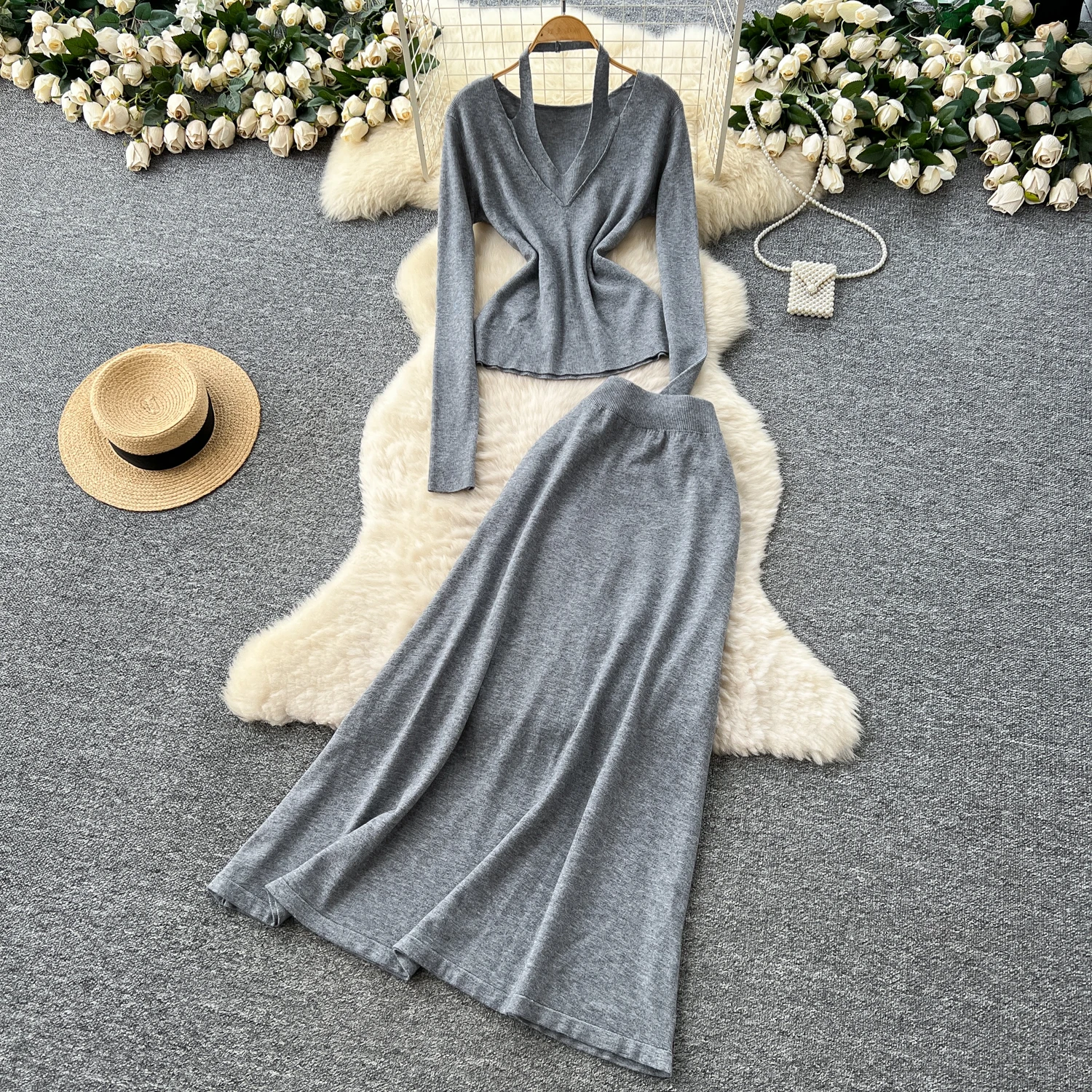 

Chic vintage long sleeve Knit V-neck slim Elegant Fairy korean fashion Boho autumn winter women clothing Two Piece Set