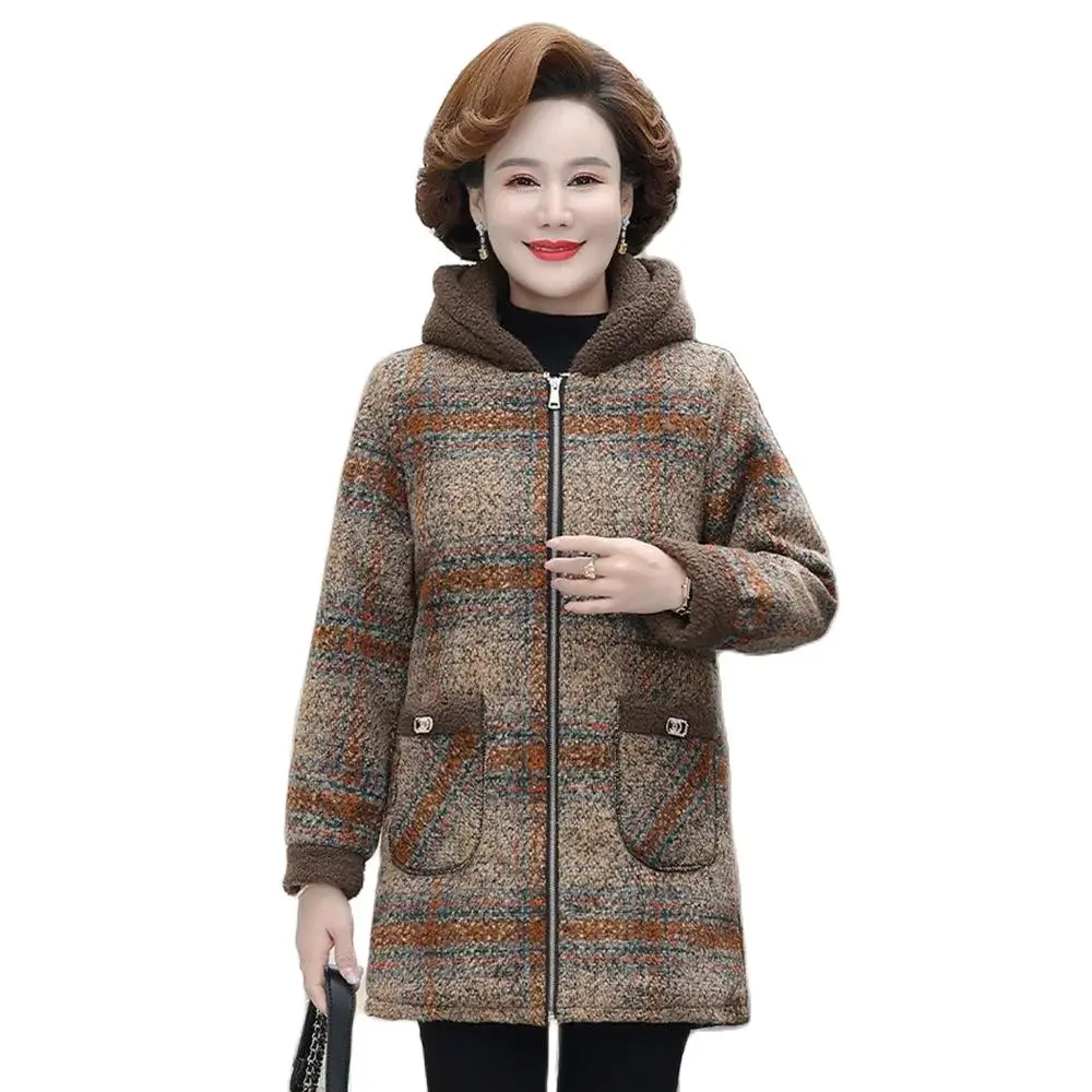 Long Coat In Winter Fleece Plaid Grain Velvet Middle-aged And Elderly Women Warm Hooded Cotton-padded Jacket In Autumn And Winte