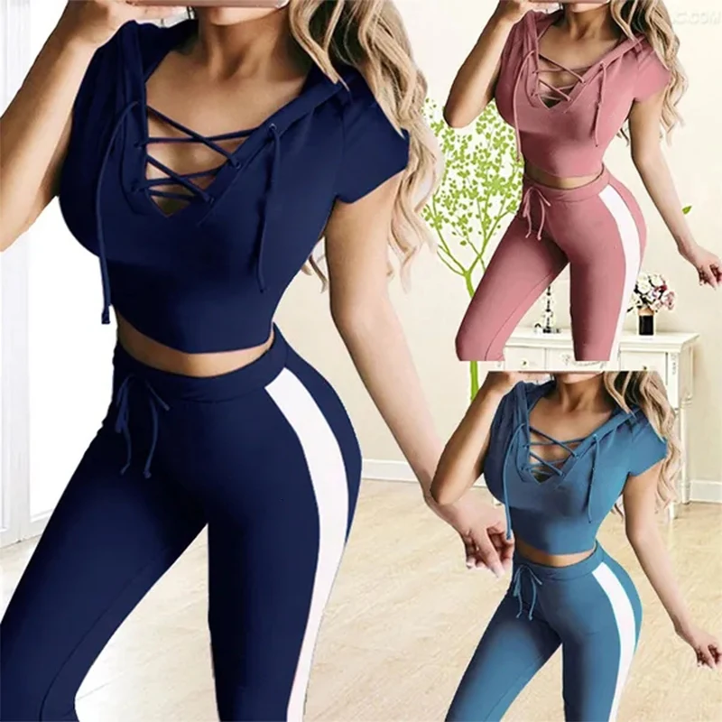 

Fashion Women's Casual Sports Yoga Tight Sports Set with Bare Navel Short Sleeve Top Hoodie+Pants Two Piece Set