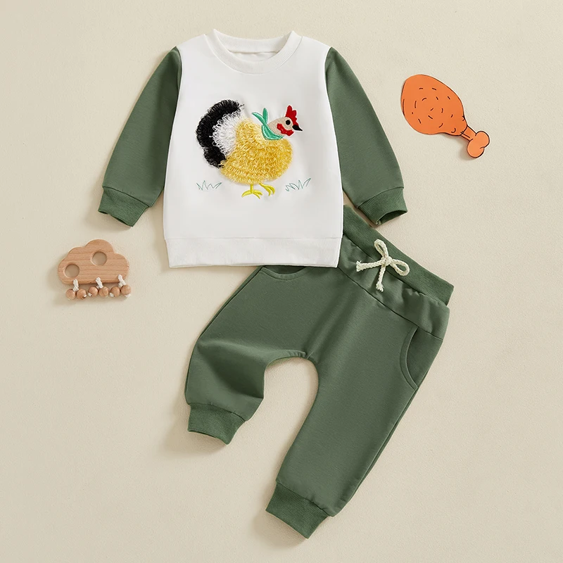 Boys Autumn Outfits Hen Embroidery Sweatshirts and Pants Set Long Sleeve Pullover and Trousers 2-Piece Clothing Ensemble