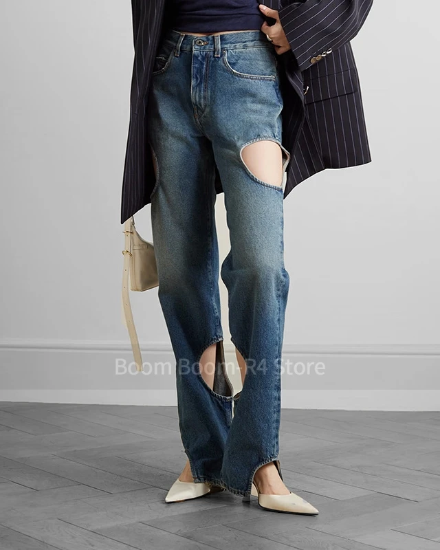 Fashion casual trend wind 2024 spring summer new personality retro hollow-out design sense of straight leg jeans fashionable