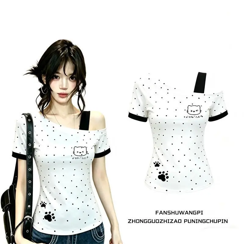 Süßes koreanisches Polka-Dot-Top mit freiem Schulterbereich für Damen, schmal geschnitten, kurzärmelig, One-Shoulder-T-Shirt, süßes Katzen-Sommer-T-Shirt, schlichtes T-Shirt, Fake-Two-Layer-Look – Detail 1
